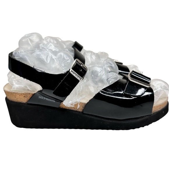 Mephisto Wedge Sandals Black Patent Leather Buckle Straps SZ 37 - Picture 5 of 11